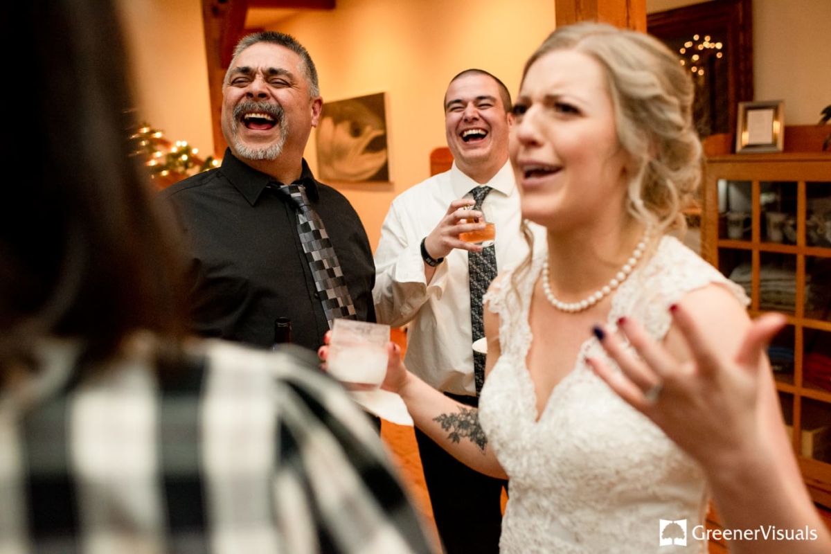 Reception Laughs Gallatin River Lodge Winter Wedding